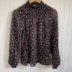 Elizabeth And James Shirt Womens Medium Floral Semi Sheer Smocked Mock Neck Top